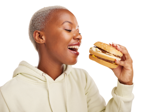 Hamburger, bite and black woman with fast food meal on isolated, transparent or png background. Brunch, deal and face of African lady model with restaurant, promotion or burger, diet or giveaway