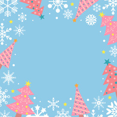 Fototapeta na wymiar Pastel blue background with white snowflakes, pink Christmas trees and stars. Festive Xmas design. Empty space for your text. Template for cards, banner, poster.