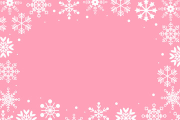 Pink background with white snowflakes. Festive Xmas design. Pinkmas. Empty space for your text. Template for cards, banner, poster.