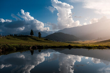 majestic view of Gulmarg, Kashmir, India at sunset. The meadow only be seen on the summer during June until October. Gulmarg is famous as a ice sport places during the winter. 