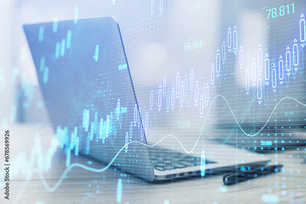 Poster Close up of laptop computer on desk with glowing candlestick forex chart on blurry background. Stock market, trading analysis and investment concept. Toned image. Double exposure.