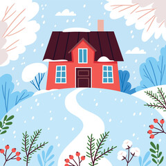 Winter. The red Scandinavian house stands on a snow hill. Winter landscape. Hand drawn style