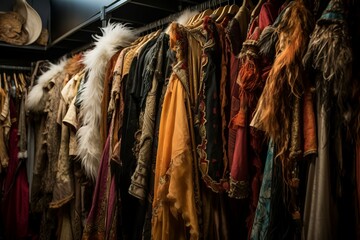 Costumes rack in theatre. Actors fashion dressing room behind the scene. Generate ai
