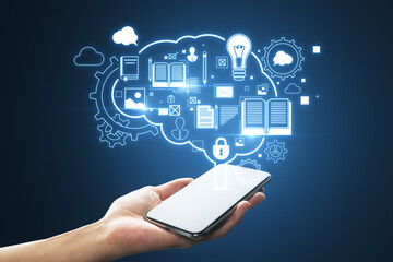 Close up of female hand holding cellphone with glowing brain outline and books hologram on blue background. Artificial intelligence, chat GPT, bot assistant and machine learning concept.