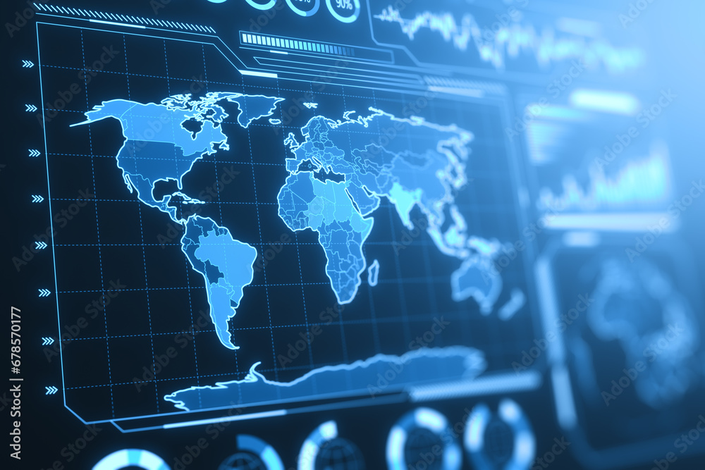 Poster glowing digital business charts and map interface on blurry blue backdrop. military control, warfare
