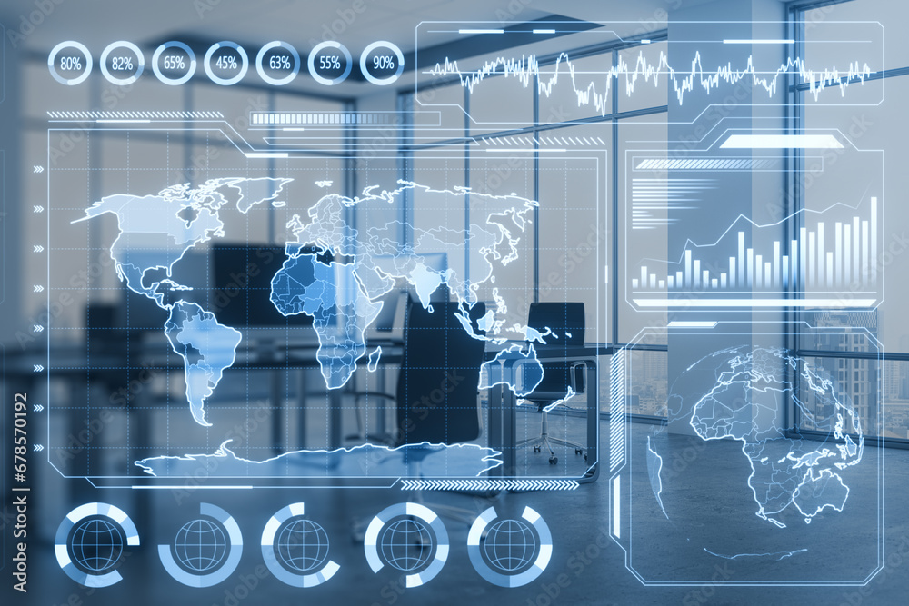 Aufkleber modern office interior with glowing digital business charts and map interface on blurry background. 