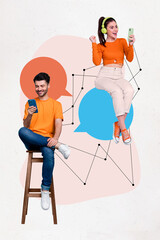 Photo collage artwork minimal picture of happy smiling guy lady chatting instagram twitter telegram...