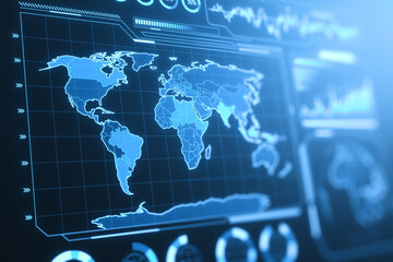 Glowing digital business charts and map interface on blurry blue backdrop. Military control, warfare and spy concept. 3D Rendering.