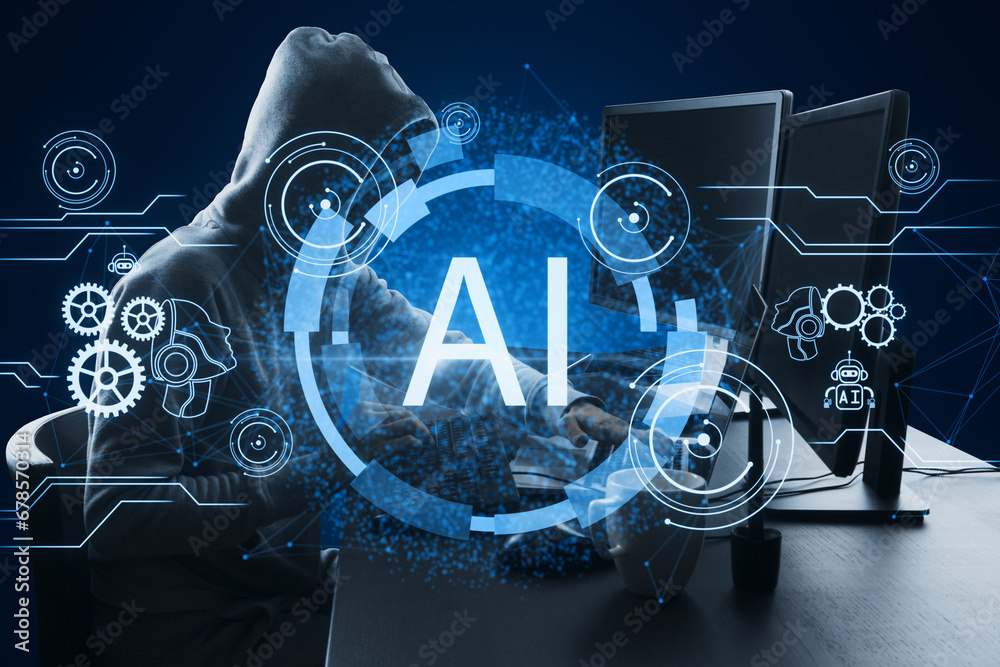 Aufkleber Side view of hacker using computers at desk with glowing AI hologram on blue background. Artificial intelligence, hacking, malware, robotics and chat gpt concept.