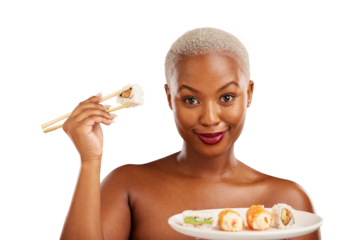 Portrait, smile and woman with chopsticks for sushi, healthy eating and beauty with nutrition food. Black person, face or makeup with glow for seafood lunch or isolated on transparent png background
