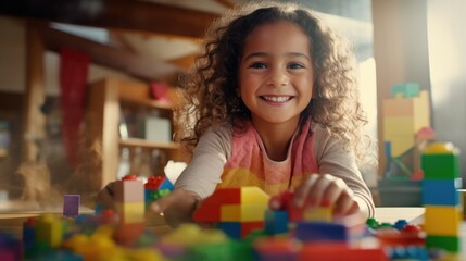 Girl engrossed in play with multi-colored building blocks, sunlit room, constructing creative designs. Developing motor skills and imagination.