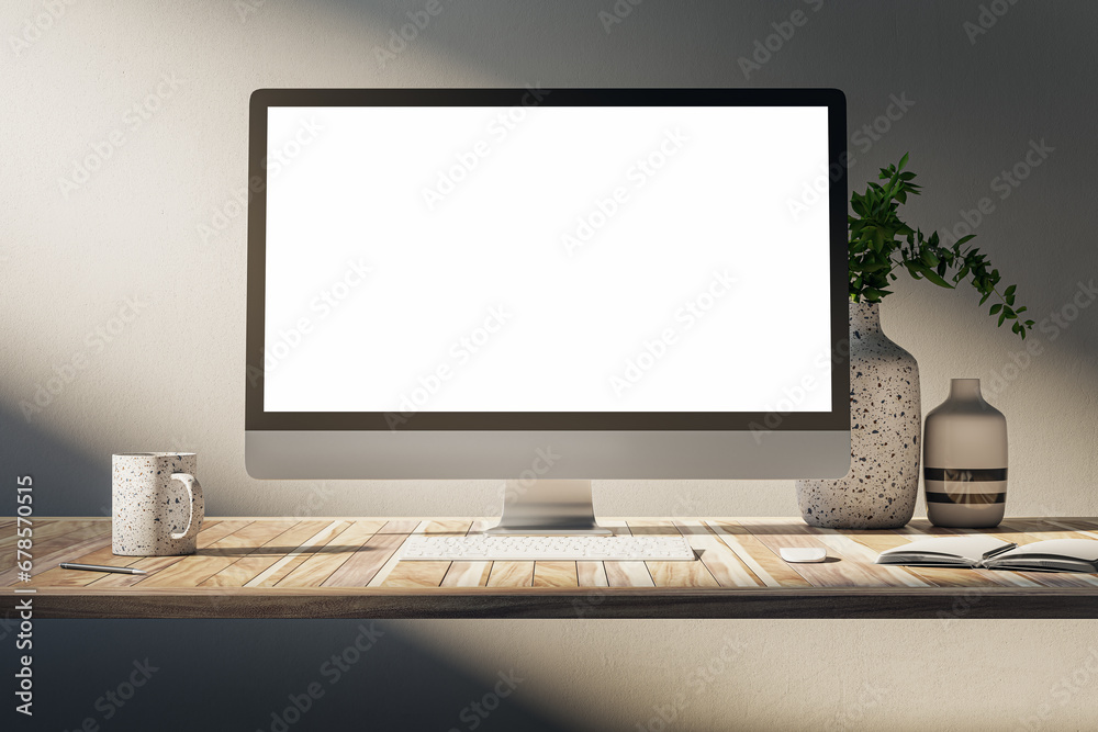 Poster close up of creative designer desk top with empty computer screen, coffee cup, supplies and other it