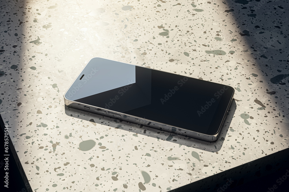 Aufkleber Close up of smartphone screen with reflections on spotted table. 3D Rendering.