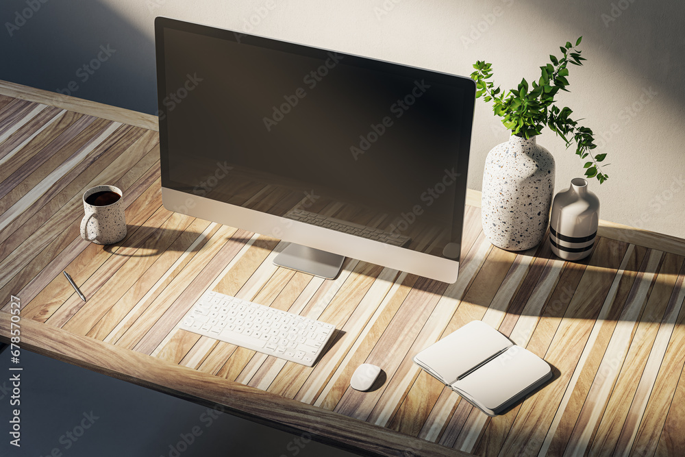 Poster close up of creative designer desk with empty computer screen, coffee cup, supplies and other items 