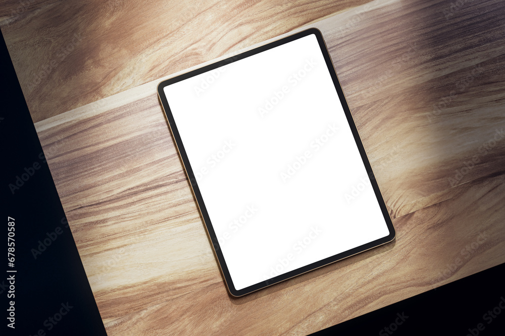 Poster Top view of empty white tablet on wooden table. Mock up, 3D Rendering.