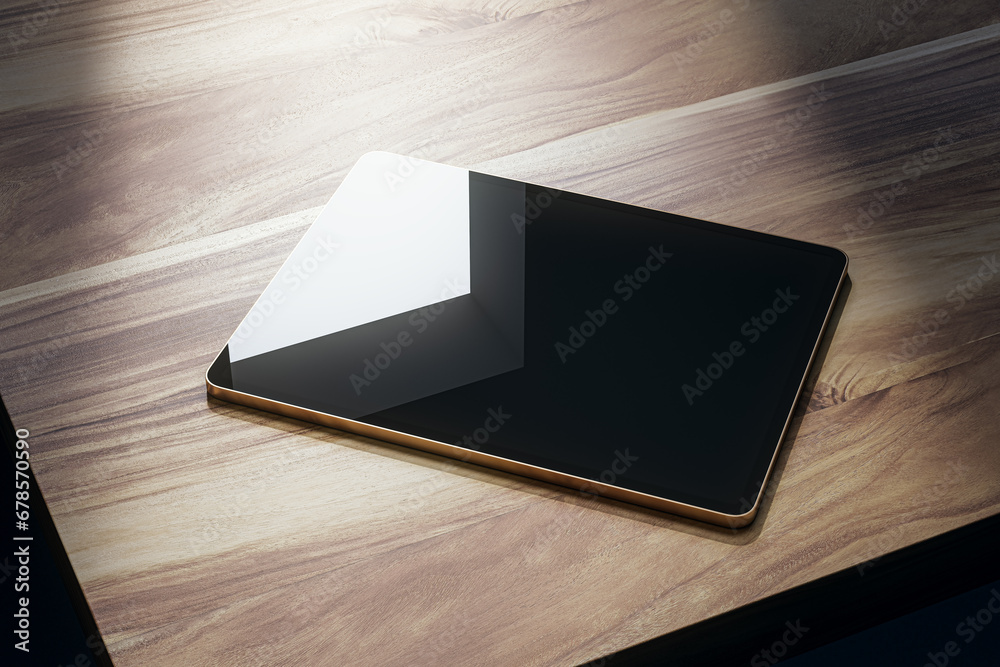 Poster Close up of pad screen with reflections on wooden table. 3D Rendering.