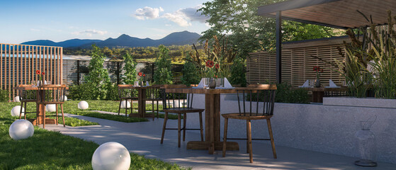 Outdoor Restaurant at a Shady Place with Great View at Coast and Mountines under Blue Sky and Sunshine - panoramic 3D Visualization