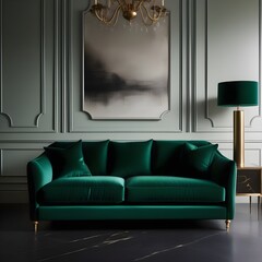 Elegant velvet sofa in deep emerald green, exuding luxury and comfort.
