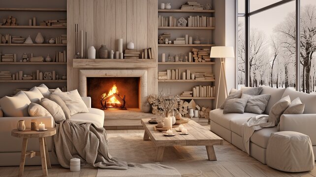 a warm living area including a coffee table and a fireplace. .