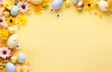 Naklejka na ściany i meble Colorful Easter eggs, bunnies and spring flowers border flat lay on yellow pastel background. Happy Easter! Stylish easter layout, greeting card or banner template