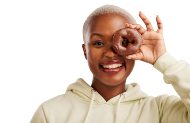 Portrait, chocolate and donut with black woman with candy, happy and unhealthy sweet dessert for eating. Eye, food and face with smile for baking of pastry and isolated on transparent png background