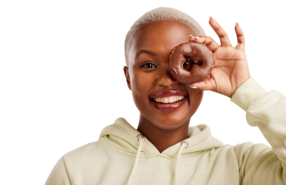 Portrait, chocolate and donut with black woman with candy, happy and unhealthy sweet dessert for eating. Eye, food and face with smile for baking of pastry and isolated on transparent png background