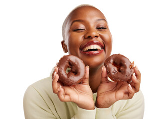Laughing, black woman and portrait of chocolate donut for candy, dessert and treats. Food, happy or...