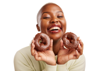 Laughing, black woman and portrait of chocolate donut for candy, dessert and treats. Food, happy or smile on face of young model sweet pastry, baking cake and isolated on transparent png background