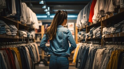 Woman in a clothes store from behind in denim style hands in pockets not knowing what to buy at Black Friday thinking that buying online would be better
