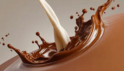 Foto op Canvas melted chocolate dripping on white background © Marco