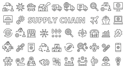 Supply chain icon set line design. Logistics, Distribution, Warehouse, Inventory, Transportation, Management, Shipping, Delivery Business vector illustrations. Supply chain editable stroke icons 