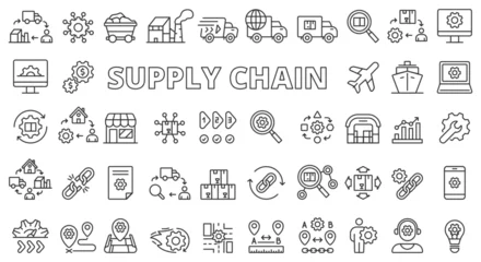 Fotobehang Supply chain icon set line design. Logistics, Distribution, Warehouse, Inventory, Transportation, Management, Shipping, Delivery Business vector illustrations. Supply chain editable stroke icons  © Bezvershenko