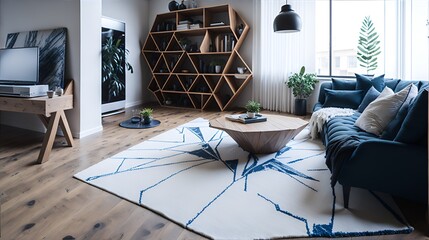 Small living room with a geometric rug, Generative AI