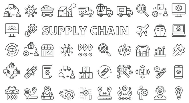 Supply Chain Icon Set Line Design. Logistics, Distribution, Warehouse, Inventory, Transportation, Management, Shipping, Delivery Business Vector Illustrations. Supply Chain Editable Stroke Icons
