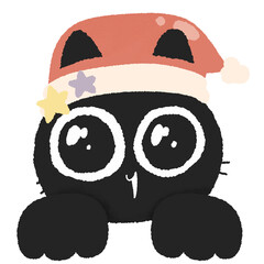 black cat with Santa hat peeking out from behind a white blank banner christmas xmas holiday ornaments decoration Cute Adorable Hand drawn little kitten
