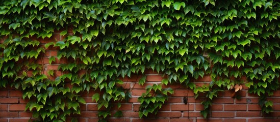 Green plants leaves covering brick facade wall as backdrop