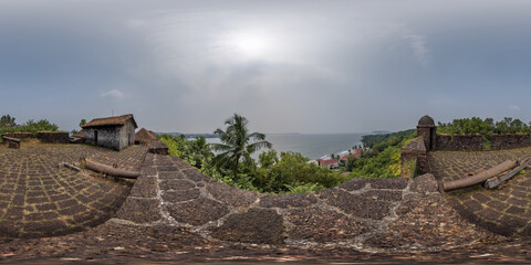 full hdri 360 panorama portuguese defensive abandoned military fortress with old guns on ocean in equirectangular spherical projection with zenith and nadir. VR AR content - obrazy, fototapety, plakaty