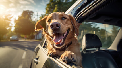 Сheerful funny dog peaking his head out of the window of a speeding car. Creative banner traveling with animals, car trips with dog.  - obrazy, fototapety, plakaty