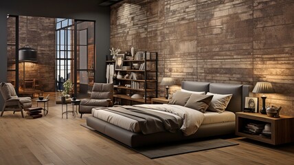 elegant studio apartment in a loft style with a dark color scheme and a flexible layout. Modern,...
