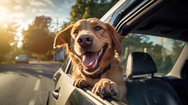Сheerful funny dog peaking his head out of the window of a speeding car. Creative banner traveling with animals, car trips with dog. 
