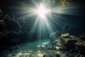 Dramatic underwater cave sunlight shining adventure. Nature tropical water wall. Generate Ai