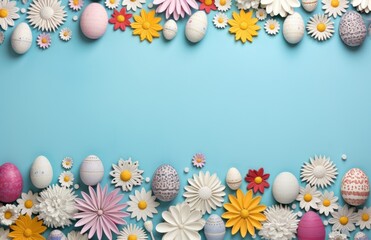 Fototapeta na wymiar Colorful Easter eggs, bunnies and spring flowers border flat lay on blue pastel background. Happy Easter! Stylish easter layout, greeting card or banner template