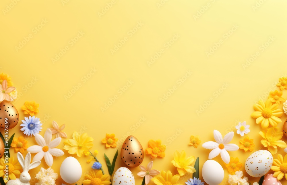 Wall mural Colorful Easter eggs, bunnies and spring flowers border flat lay on yellow pastel background. Happy Easter! Stylish easter layout, greeting card or banner template - Wall murals