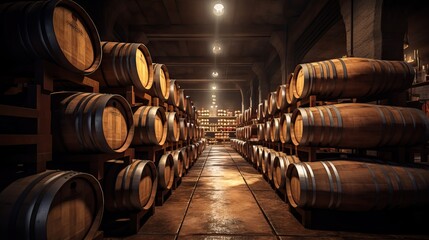 Long rows of old wooden barrel in a wine vault cellar