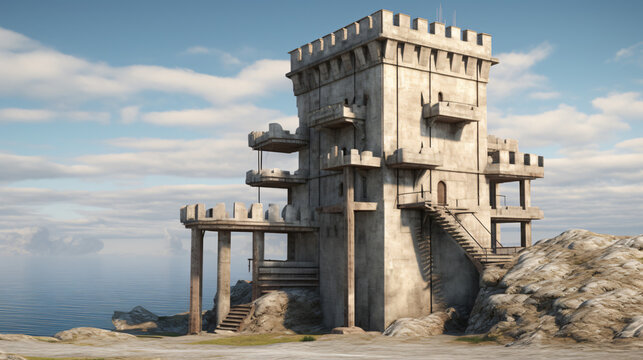 Reinforced concrete watchtower with multiple battled