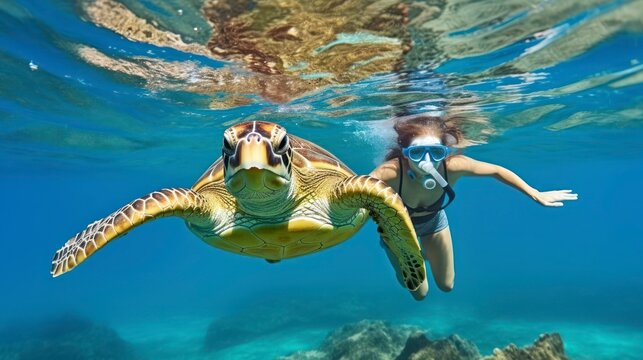 Underwater Encounter. A Woman's Mesmerizing Snorkeling Experience with a Hawksbill Turtle. Generative AI © Lifia