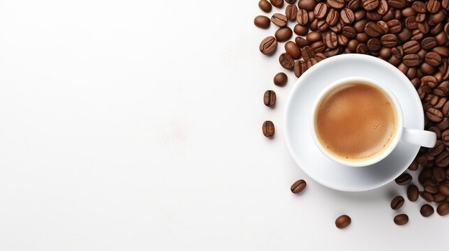 Hot espresso and coffee bean on white table with soft-focus and over light in the background. © Nurul