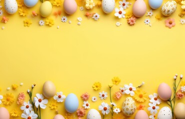Fototapeta na wymiar Colorful Easter eggs, bunnies and spring flowers border flat lay on yellow pastel background. Happy Easter! Stylish easter layout, greeting card or banner template