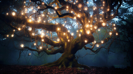 A tree with many lights hanging
