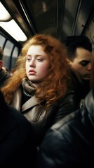 Fototapeta na wymiar A woman with red hair on a subway train
